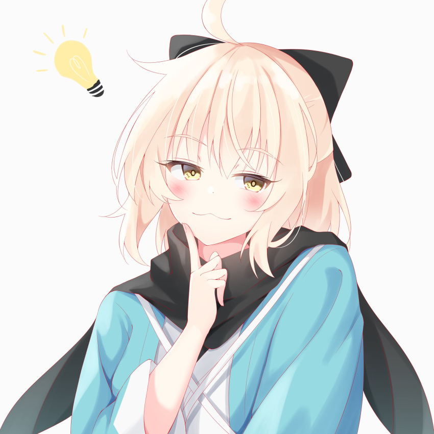 1girl, :3, ahoge, blonde_hair, bow, fate/grand_order, fate_(series), finger_to_cheek