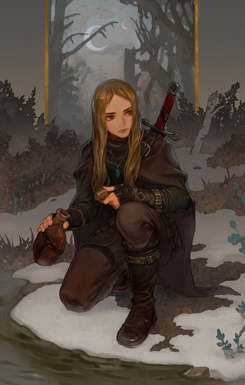 1boy, bangs, blonde_hair, boots, commentary, crescent_moon, fantasy, faulds