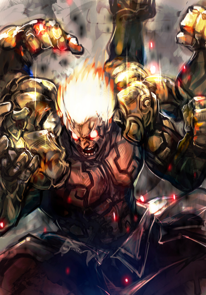 1boy, asura's_wrath, asura_(asura's_wrath), blonde_hair, clenched_hands, extra_arms, fighting_stance, full_body_tattoo