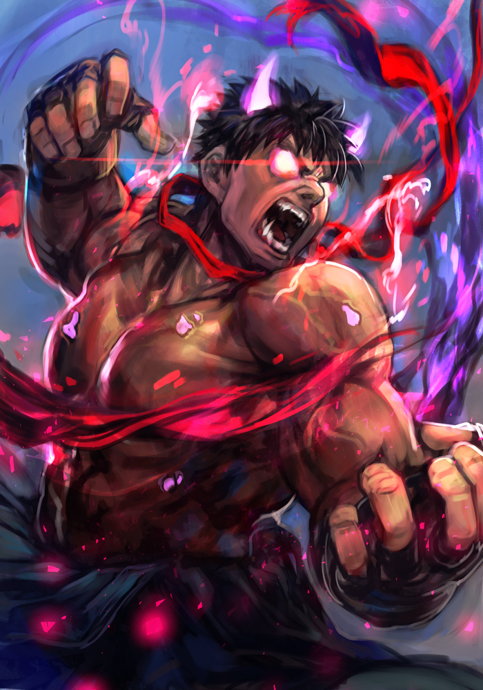 1boy, asura's_wrath, aura, black_hair, dark_persona, dark_skin, dougi, evil_ryuu
