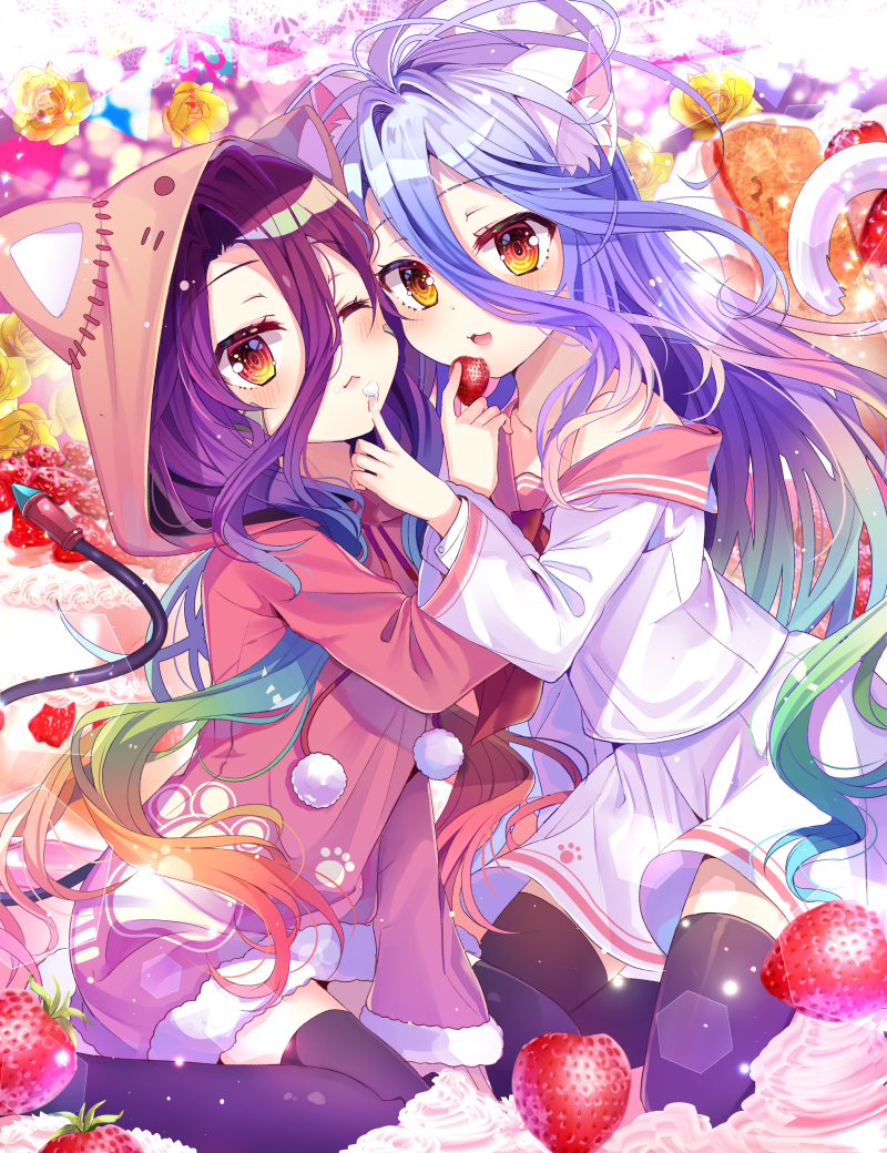 2girls, :3, animal_ears, animal_hood, black_legwear, blue_hair, blush, cable