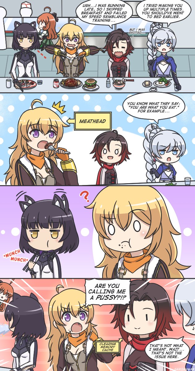 4girls, ?, ahoge, animal_ears, black_hair, blake_belladonna, blonde_hair, braided_ponytail, cat_ears, eating, english_text, food, gardavwar, long_hair, medium_hair, multiple_girls, o_o, orange_hair, penny_polendina, redhead, ruby_rose, rwby, tagme, wavy_mouth, weiss_schnee, white_hair, yang_xiao_long