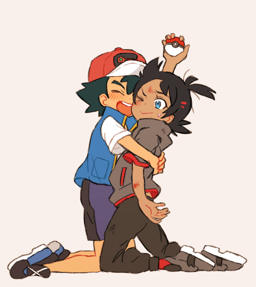 absurdres, baseball_cap, black_hair, black_pants, blue_eyes, blue_footwear, blue_vest, blush