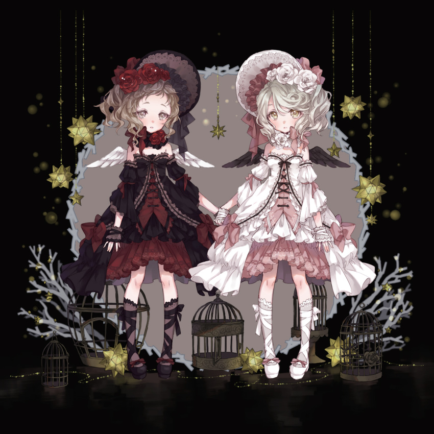 2girls, angel_wings, ankle_lace-up, birdcage, black_footwear, black_legwear, black_wings, bonnet