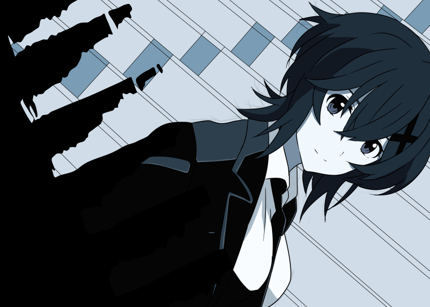 1girl, absurdres, akatsuki_kirika, between_breasts, breasts, formal, greyscale, hair_ornament