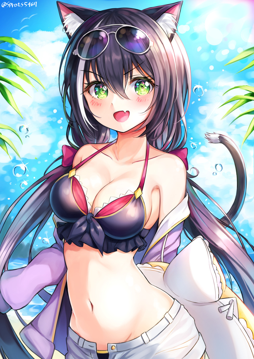 1girl, :d, absurdres, animal_ear_fluff, animal_ears, bangs, bikini, black_bikini