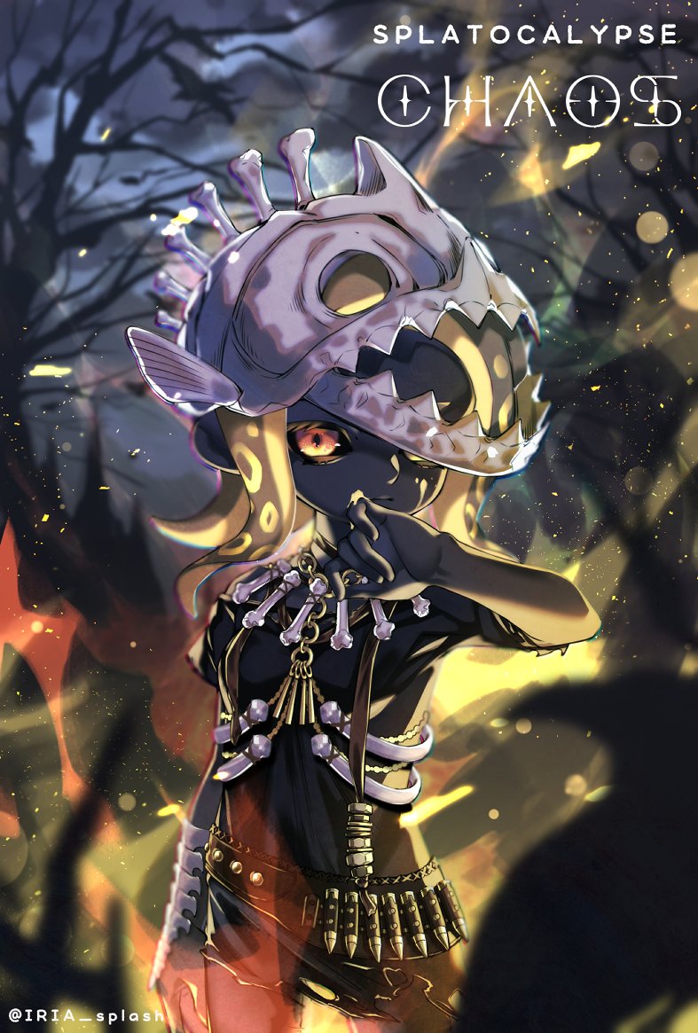 1girl, belt, black_belt, black_choker, black_sclera, black_shirt, black_shorts, blurry