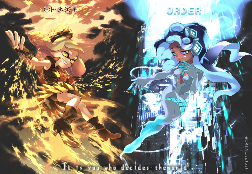 2girls, aqua_footwear, aqua_hair, aura, backlighting, bangs, bike_shorts, black_dress