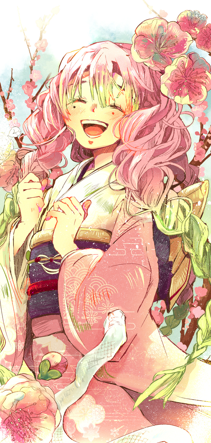 1girl, absurdres, alternate_costume, asa_no_ha_(pattern), cherry_blossoms, closed_eyes, cowboy_shot, egasumi