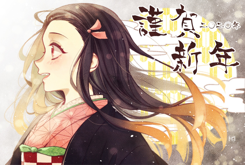 1girl, asa_no_ha_(pattern), black_hair, blush, checkered_obi, fang, gradient_hair, hair_ribbon