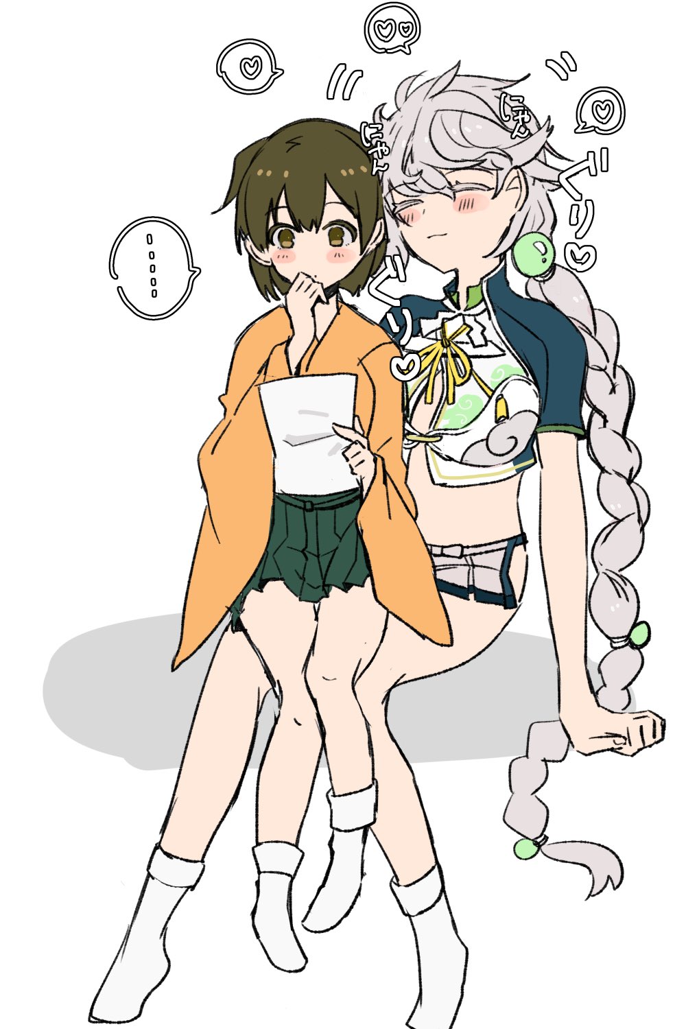 ..., 2girls, arm_support, asymmetrical_bangs, asymmetrical_hair, bangs, blush, braid, breasts, brown_eyes, brown_hair, cleavage_cutout, closed_eyes, closed_mouth, cloud_print, commentary_request, crop_top, cuddling, eyebrows_visible_through_hair, fingernails, fujisaki_(si_da), full_body, furisode, green_hakama, hair_between_eyes, hair_ornament, hakama, hakama_skirt, heart, highres, hiryuu_(kantai_collection), holding, holding_paper, japanese_clothes, kantai_collection, kimono, long_hair, long_sleeves, messy_hair, microskirt, midridd, motion_lines, multiple_girls, neck_ribbon, no_shoes, orange_kimono, paper, pleated_skirt, ribbon, shide, short_hair, silver_hair, simple_background, single_braid, sitting, sitting_on_lap, sitting_on_person, skirt, smile, spoken_ellipsis, spoken_heart, tabi, unryuu_(kantai_collection), very_long_hair, white_background, white_legwear, wide_sleeves, yellow_ribbon