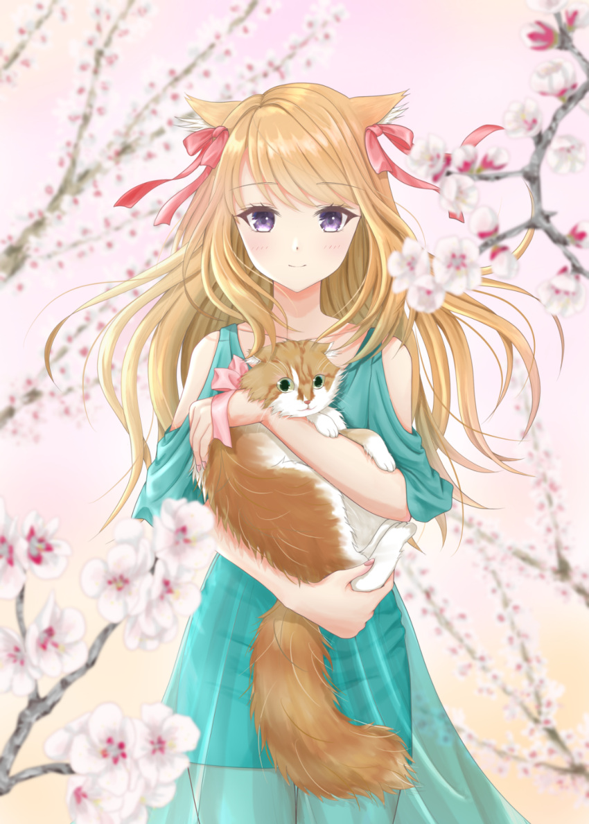 1girl, animal_ears, apricot_blossom, bangs, bare_shoulders, blonde_hair, blue_dress, blue_eyes