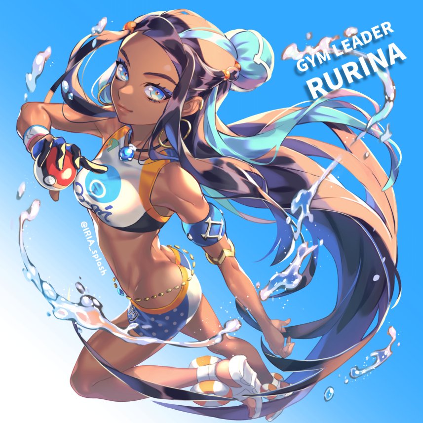 1girl, armlet, belly_chain, black_hair, blue_eyes, blue_eyeshadow, blue_hair, blue_swimsuit, closed_mouth, clothes_writing, commentary, dark_skin, droplet, earrings, english_commentary, english_text, eyeliner, eyeshadow, gloves, gym_leader, hair_bobbles, hair_bun, hair_ornament, holding, holding_poke_ball, hoop_earrings, iria_splash, jewelry, leg_up, long_hair, looking_at_viewer, makeup, multicolored_hair, navel, necklace, poke_ball, poke_ball_(generic), pokemon, pokemon_(game), pokemon_swsh, print_swimsuit, rurina_(pokemon), sandals, short_shorts, shorts, single_glove, smile, solo, sportswear, standing, standing_on_one_leg, swimsuit, tankini, tied_hair, two-tone_hair, very_long_hair, water, white_footwear