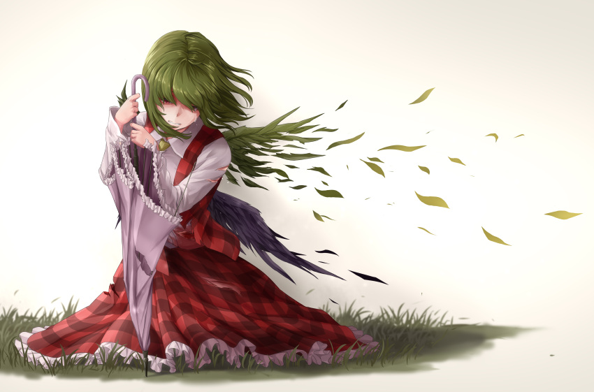 1girl, absurdres, bangs, clenched_teeth, commentary_request, feathered_wings, green_hair, grey_background, hands_up, highres, holding, holding_umbrella, kamiya_ueshi, kazami_yuuka, long_skirt, long_sleeves, petticoat, plaid, plaid_skirt, plaid_vest, planted_umbrella, purple_umbrella, red_eyes, red_skirt, red_vest, shirt, short_hair, sitting, skirt, skirt_set, solo, tears, teeth, touhou, umbrella, vest, white_shirt, wings