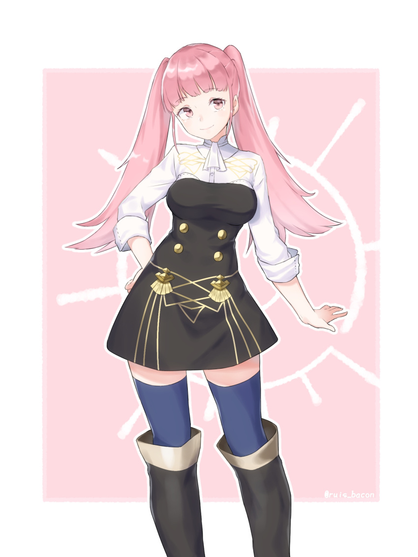 1girl, blue_legwear, closed_mouth, fire_emblem, fire_emblem:_three_houses, garreg_mach_monastery_uniform, highres, hilda_valentine_goneril, long_hair, pink_eyes, pink_hair, pocklepockle25, smile, solo, thigh-highs, twintails, twitter_username, uniform