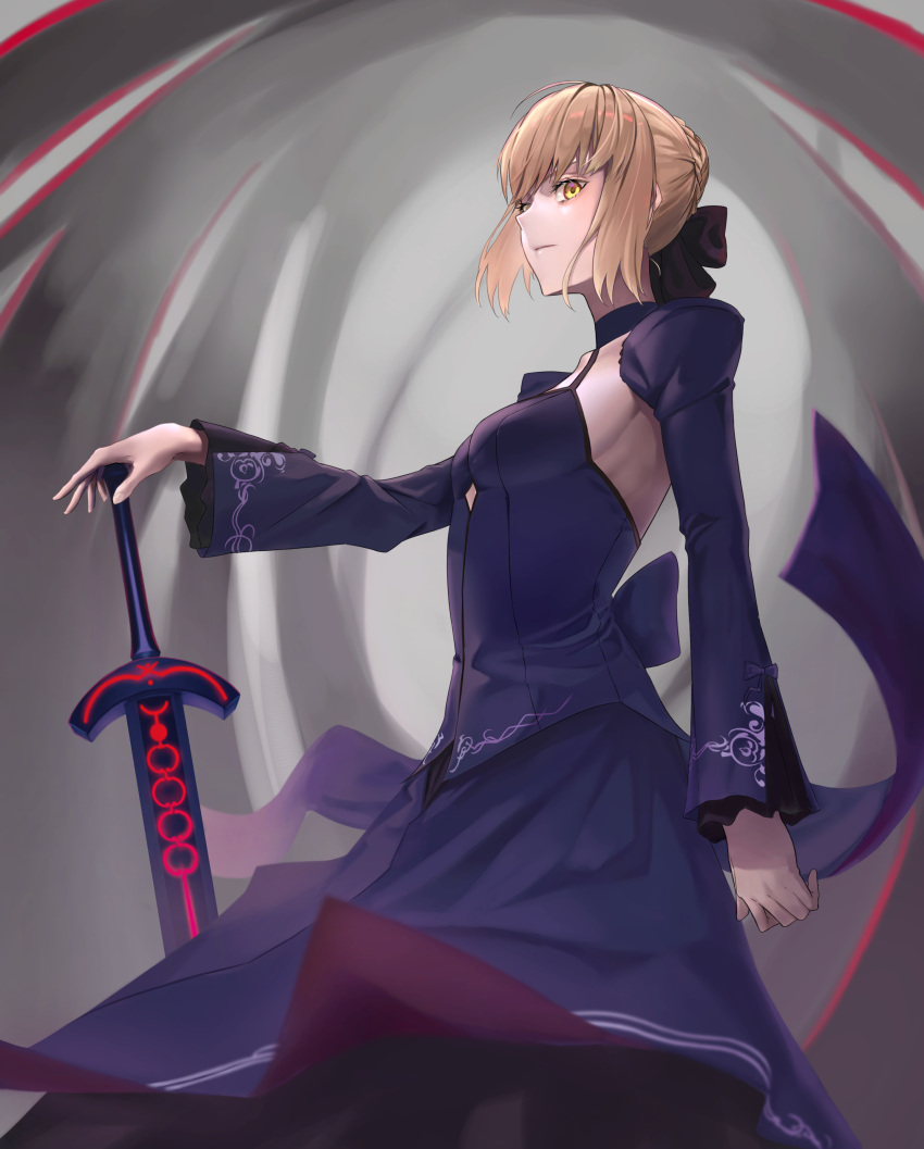 1girl, absurdres, artoria_pendragon_(all), bangs, black_bow, blonde_hair, bow, braid, braided_bun, closed_mouth, excalibur, fate/stay_night, fate_(series), hair_bow, hand_on_hilt, highres, long_skirt, long_sleeves, maririri111, purple_skirt, saber_alter, short_hair, shrug_(clothing), skirt, solo, standing, yellow_eyes