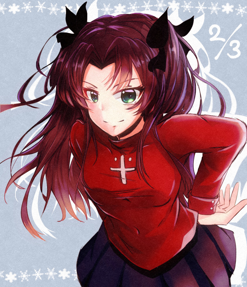 1girl, black_bow, black_skirt, bow, breasts, brown_hair, closed_mouth, covered_navel, fate/stay_night, fate_(series), green_eyes, grey_background, hair_bow, hair_intakes, hand_on_hip, highres, leaning_forward, long_hair, long_sleeves, medium_breasts, miniskirt, pleated_skirt, red_shirt, shiny, shiny_hair, shirt, skirt, smile, solo, standing, toosaka_rin, toratora789, twintails