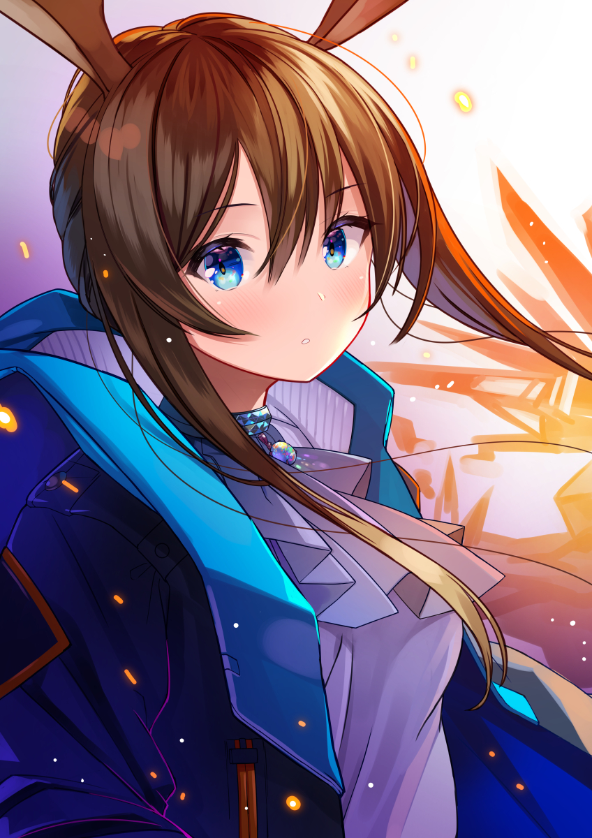 1girl, amiya_(arknights), animal_ears, arknights, ascot, atori, blue_eyes, blue_jacket