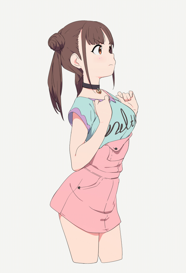 1girl, bangs, black_choker, brown_hair, choker, closed_mouth, clothes_writing, contrapposto