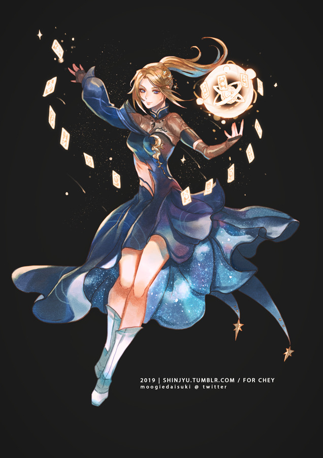 astrologian_(final_fantasy), asymmetrical_clothes, black_background, blonde_hair, blue_eyes, boots, card, commission