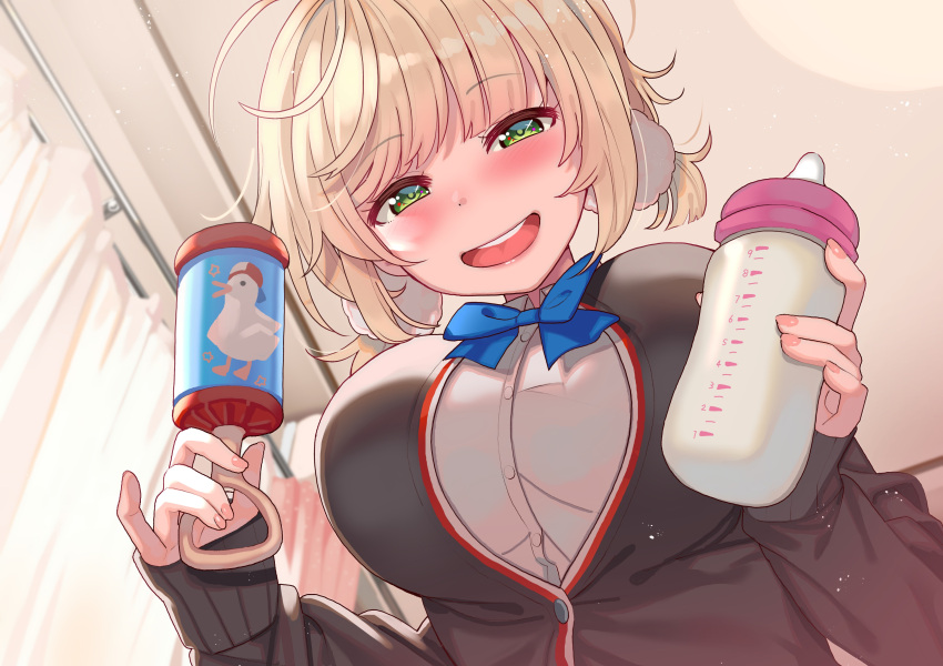 absurdres, blurry, blurry_background, blush, bottle, breasts, commentary_request, green_eyes