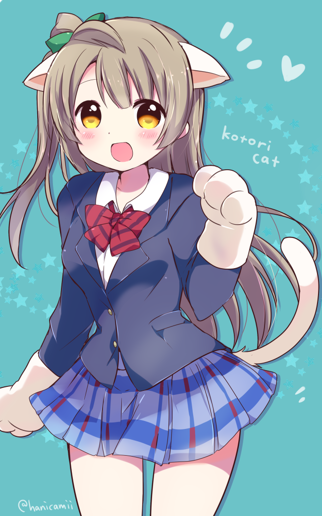 1girl, :d, animal_ears, aqua_background, bangs, blazer, blue_jacket, blue_skirt