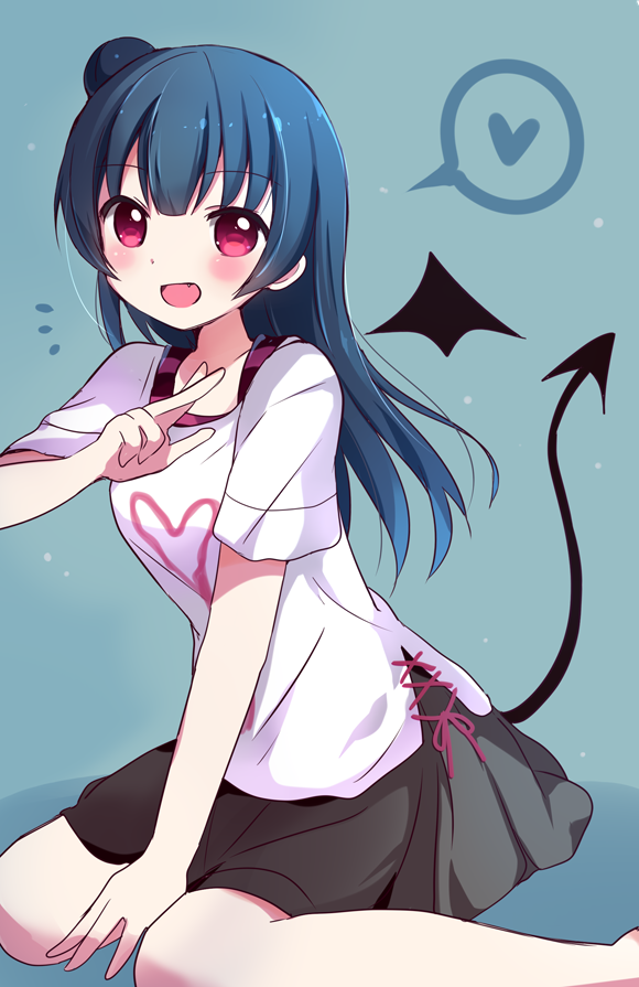 1girl, :d, aqua_background, bangs, between_legs, black_skirt, blue_hair, blush