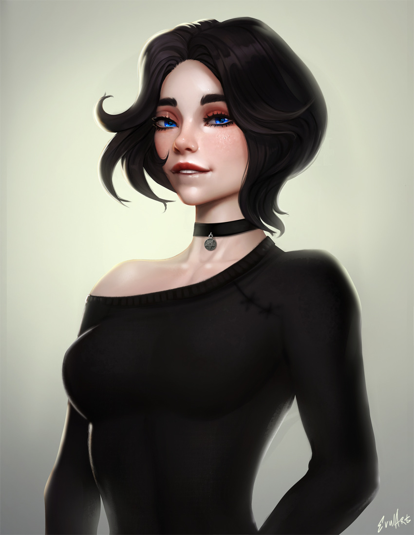 1girl, bangs, biting, black_choker, black_hair, blue_eyes, blush, breasts, choker, curly_hair, evulchibi, eyelashes, freckles, grey_background, heart, heart-shaped_pupils, highres, large_breasts, lip_biting, lipstick, makeup, meme, original, pale_skin, parted_bangs, pentagram, red_lipstick, short_hair, signature, single_bare_shoulder, skin_tight, smile, solo, symbol-shaped_pupils, thick_eyebrows, upper_body, wojak