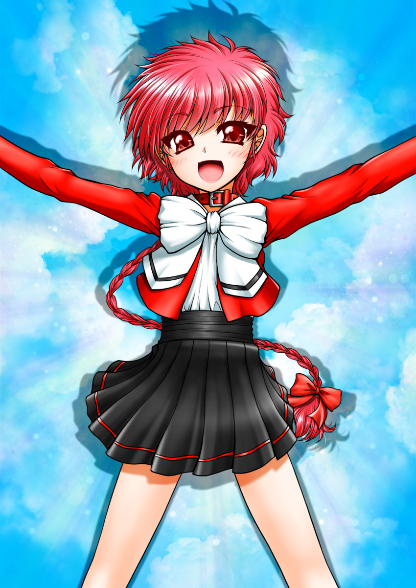 1girl, :d, akanako, bare_legs, black_skirt, blue_background, bow, braid