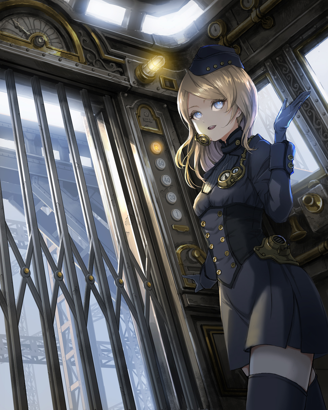 1girl, blonde_hair, blue_eyes, commentary_request, cowboy_shot, elevator, elevator_girl, garrison_cap, gloves, hat, headset, high_collar, highres, light_bulb, long_hair, long_sleeves, miniskirt, open_mouth, original, skirt, sleeve_cuffs, solo, standing, thigh-highs, ume_(illegal_bible), underbust