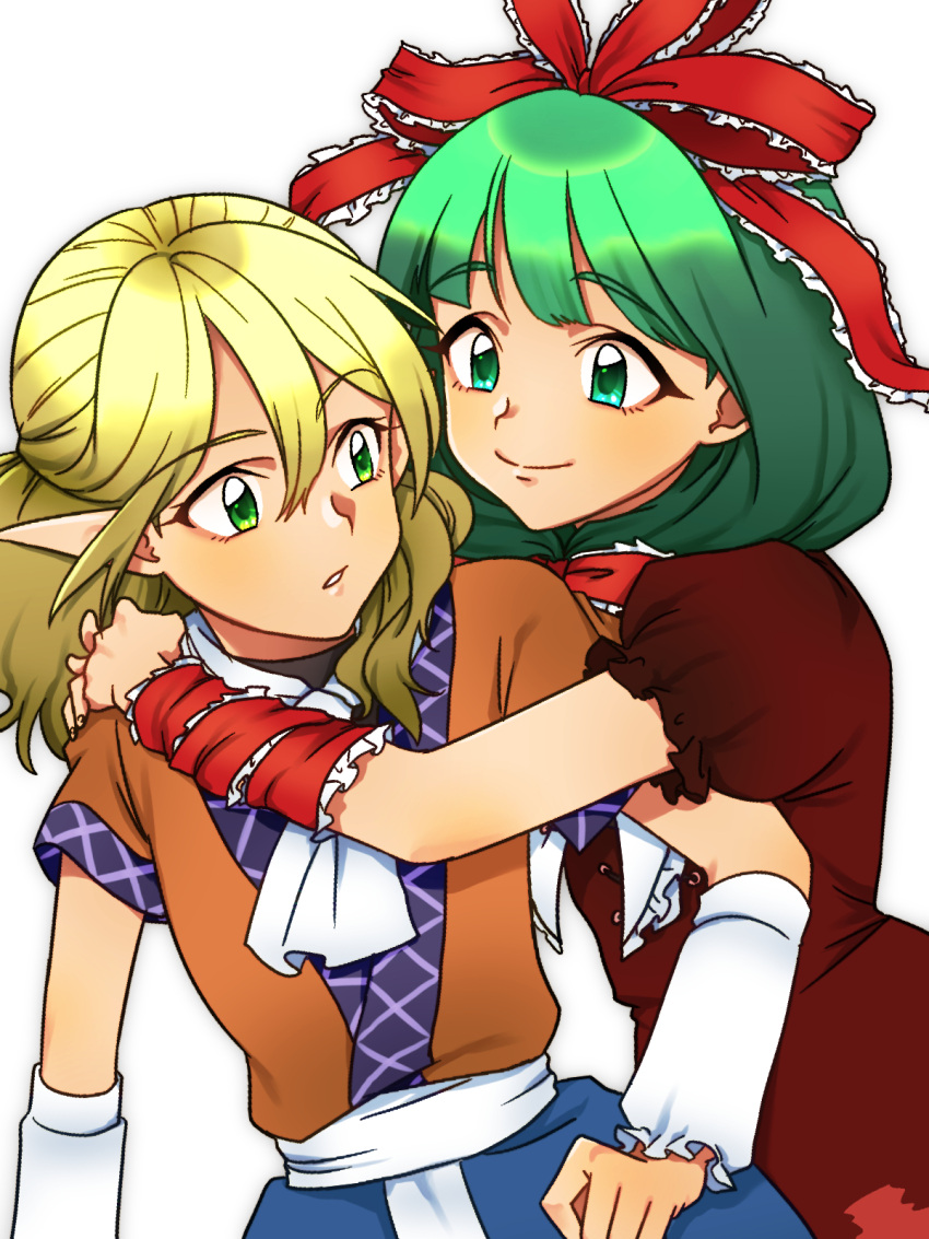 2girls, arm_ribbon, arm_warmers, bangs, blonde_hair, commentary_request, dress, eyebrows_visible_through_hair