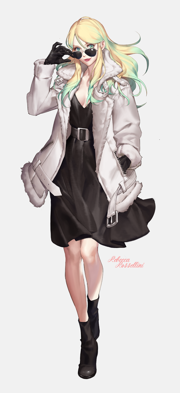 1girl, adjusting_eyewear, belt, black_dress, black_footwear, black_gloves, blonde_hair, boots