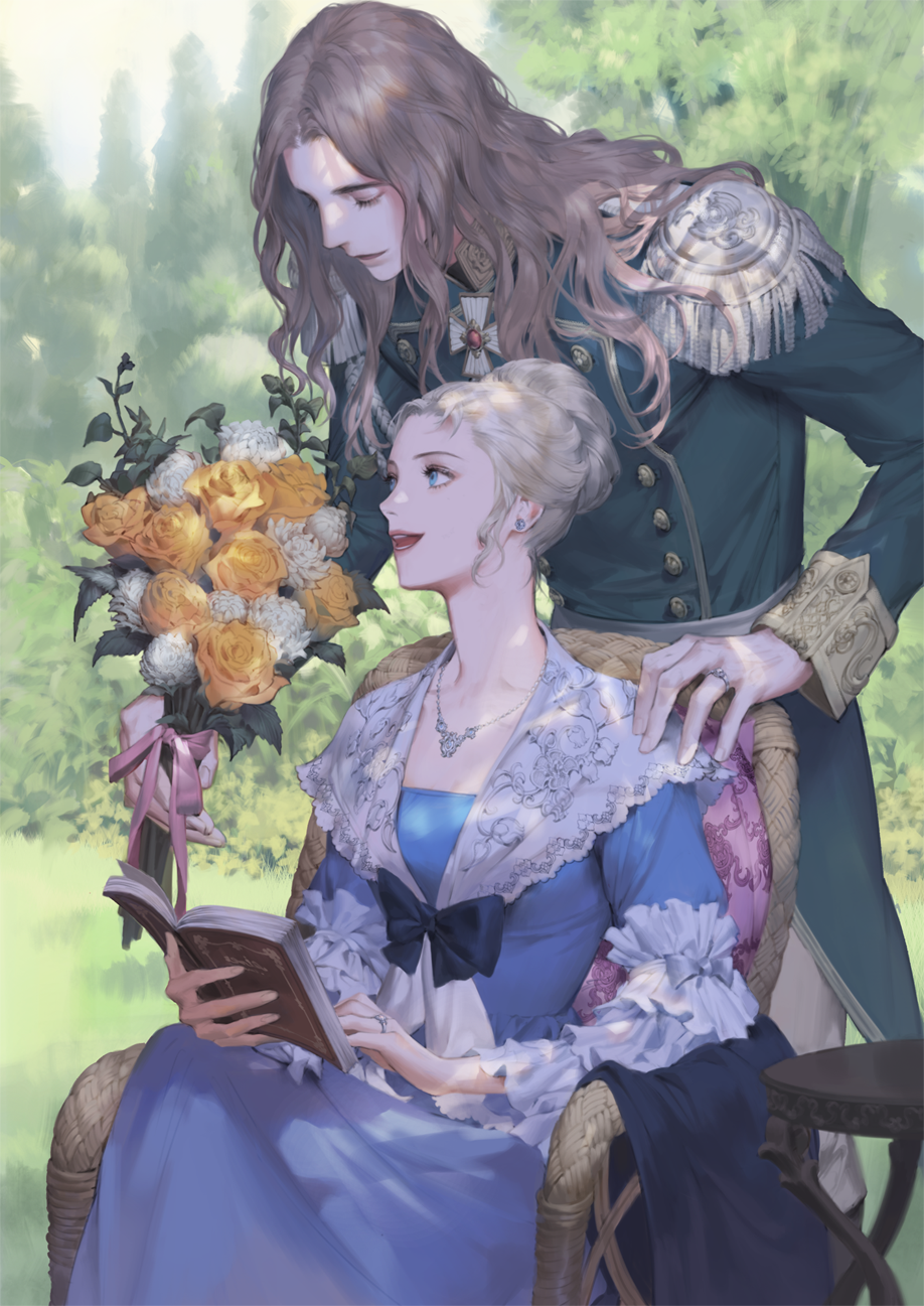 1boy, 1girl, aiguillette, armchair, blue_dress, blue_eyes, blush, book, bouquet, bow, breasts, brown_hair, bush, buttons, chair, chrysanthemum, closed_eyes, coat, cross, dappled_sunlight, day, double-breasted, dress, earrings, epaulettes, eyelashes, flower, frills, gem, giving, grass, hair_bun, happy, highres, jewelry, jimyo, lace, long_hair, long_sleeves, military, military_uniform, nature, necklace, open_book, open_mouth, pants, pink_ribbon, ribbon, ring, rose, shawl, sidelocks, silver_hair, sitting, smile, sophia_von_fersen, stud_earrings, sunlight, table, uniform, updo, versailles_no_bara, victor_clement_de_girodelle, wavy_hair, what_if, white_flower, yellow_flower, yellow_rose