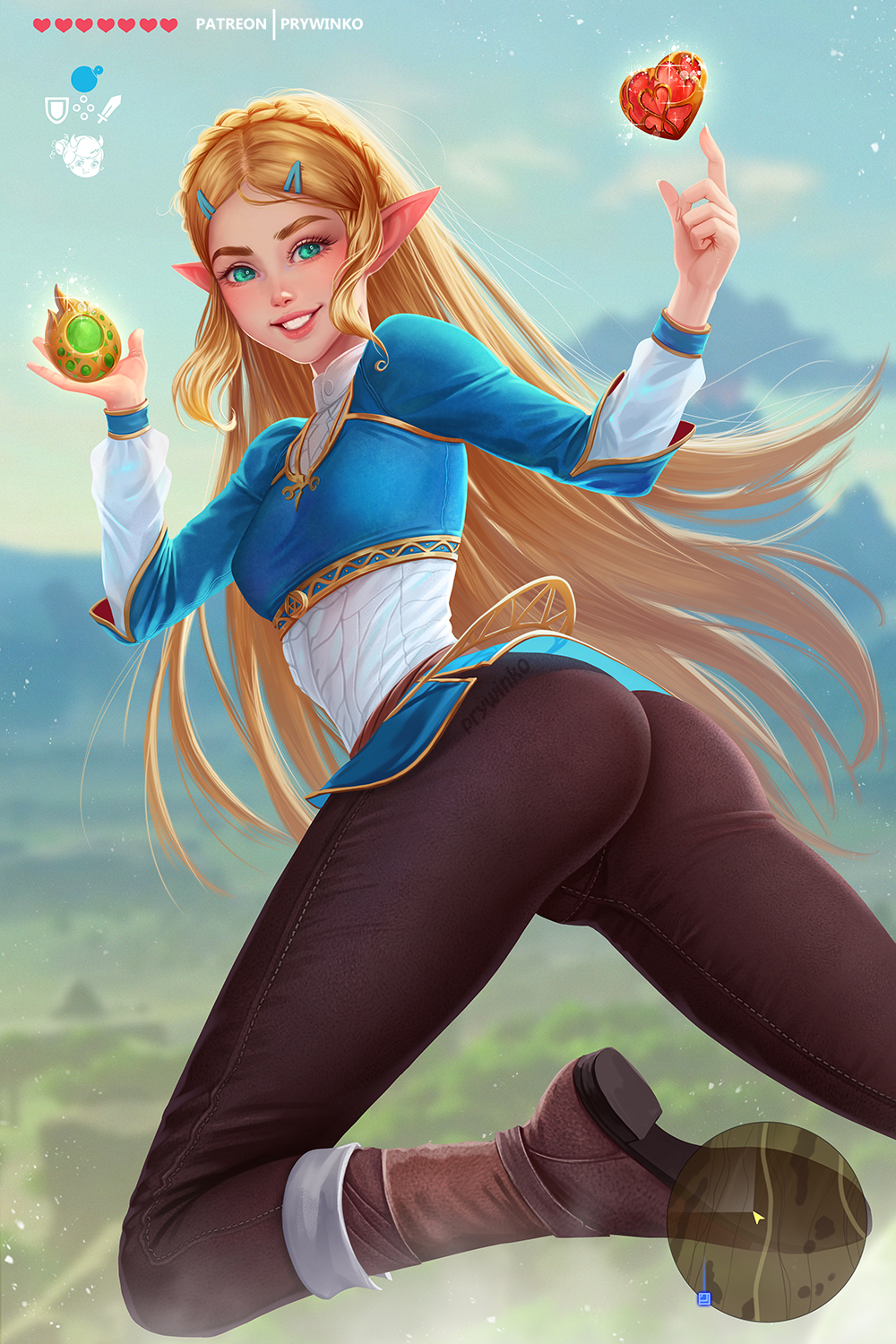 1girl, ass, blonde_hair, breasts, gameplay_mechanics, highres, long_hair, looking_at_viewer, olga_narhova, open_mouth, pointy_ears, princess_zelda, smile, solo, the_legend_of_zelda