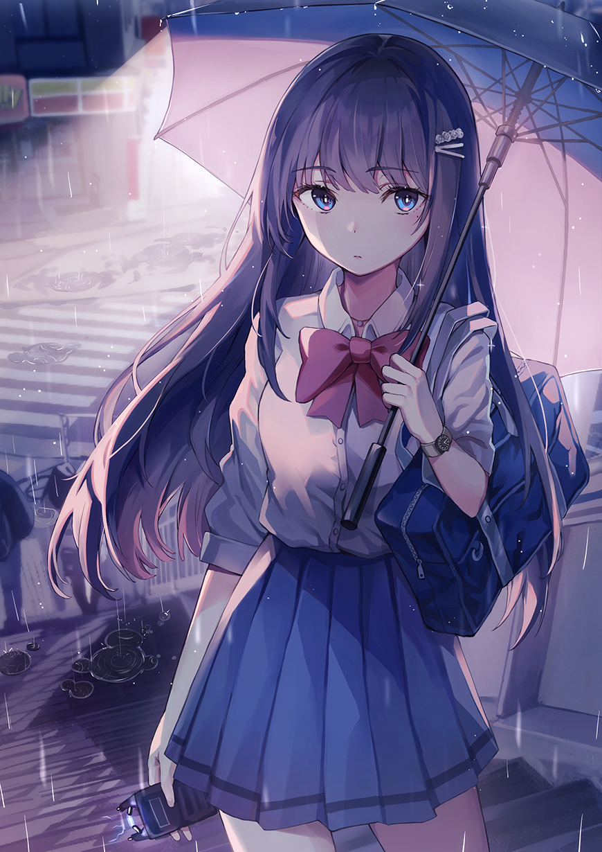 1girl, backlighting, bag, bangs, blue_eyes, blue_skirt, bow, bowtie
