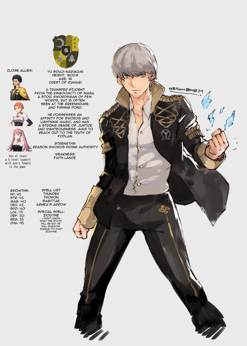 absurdres, adapted_uniform, character_profile, claude_von_riegan, clenched_hands, cowboy_shot, emblem, english_commentary