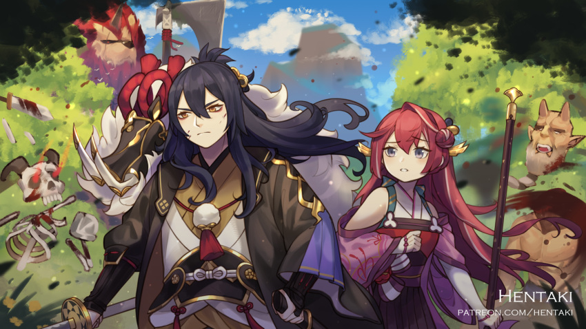 1boy, 1girl, animal_skull, arm_guards, artist_name, bangs, bare_shoulders, blackletter