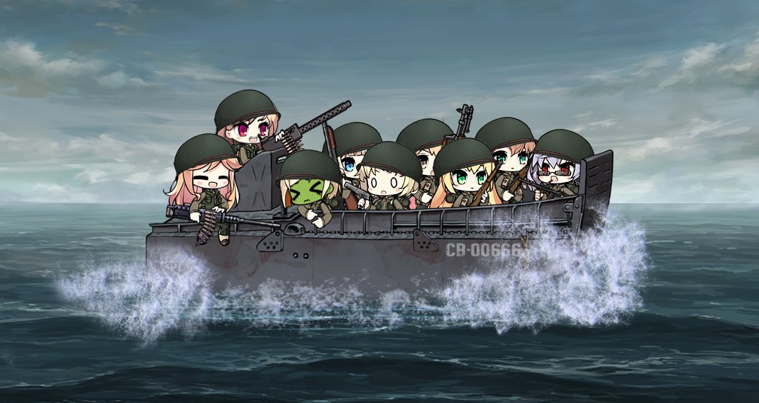 6+girls, army, artist_request, boat, character_request, chibi, closed_eyes, d-day