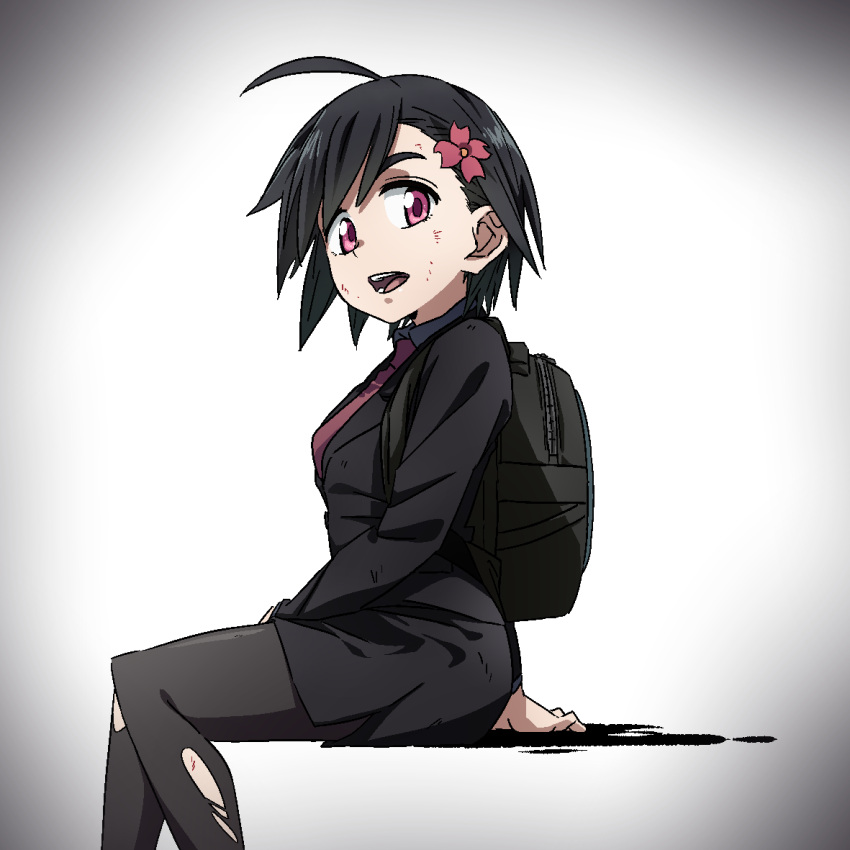 1girl, ahoge, backpack, bag, black_hair, black_legwear, black_skirt, dingdaydream