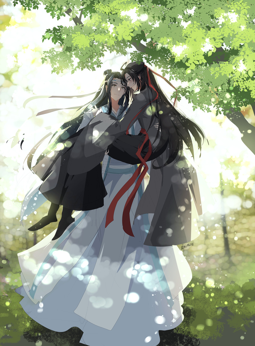 2boys, artist_name, black_footwear, black_hair, brown_eyes, carrying, chinese_clothes, day