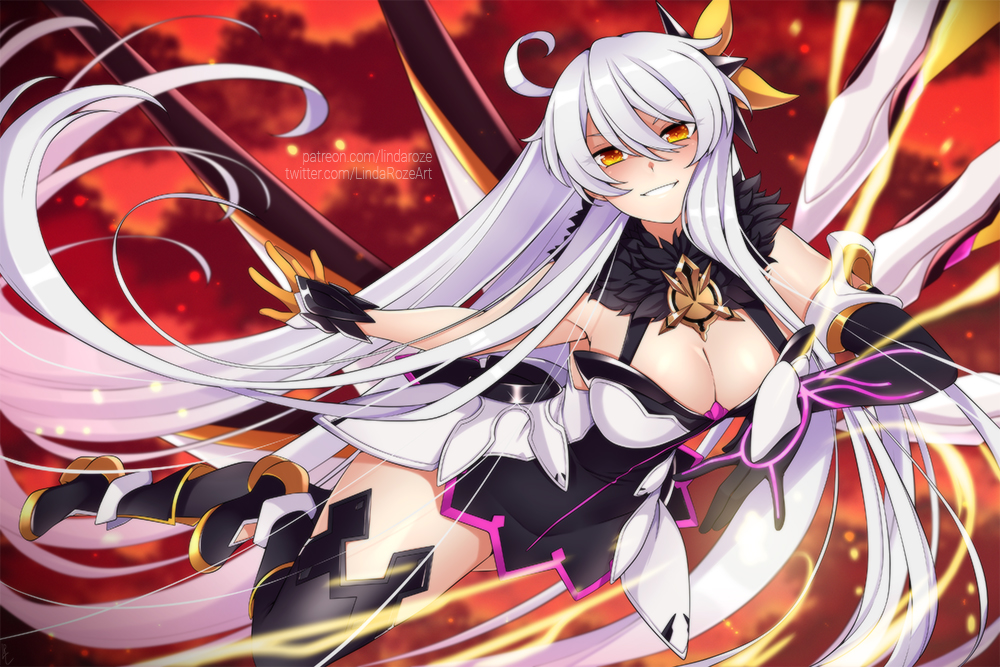 1girl, ahoge, armor, armored_dress, bangs, bare_shoulders, bodysuit, boots, breasts, cleavage_cutout, dark_persona, diamond-shaped_pupils, dress, elbow_gloves, eyebrows_visible_through_hair, floating_weapon, fur_collar, gloves, hair_between_eyes, hair_ornament, honkai_(series), honkai_impact_3rd, jewelry, keys_of_the_void, kiana_kaslana, kiana_kaslana_(herrscher_of_the_void), large_breasts, lindaroze, long_hair, looking_at_viewer, medium_breasts, polearm, sidelocks, silver_hair, single_elbow_glove, solo, spear, symbol-shaped_pupils, thigh-highs, very_long_hair, weapon, yellow_eyes