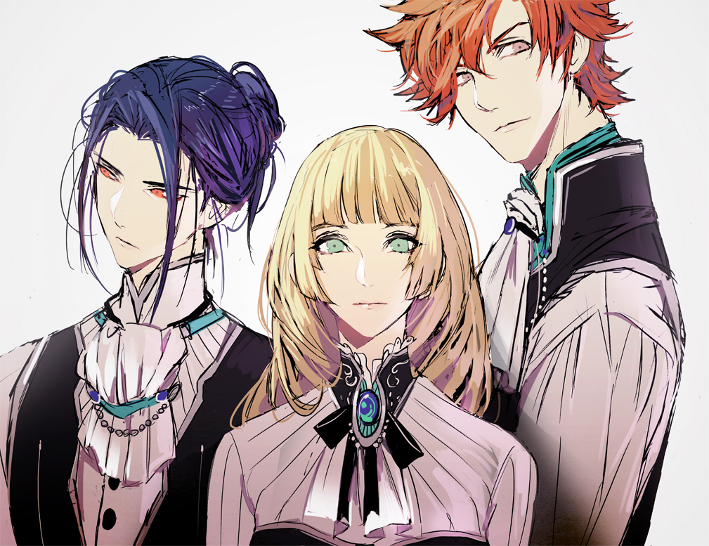 1girl, 2boys, blonde_hair, brooch, brown_eyes, cravat, felix_hugo_fraldarius, fire_emblem