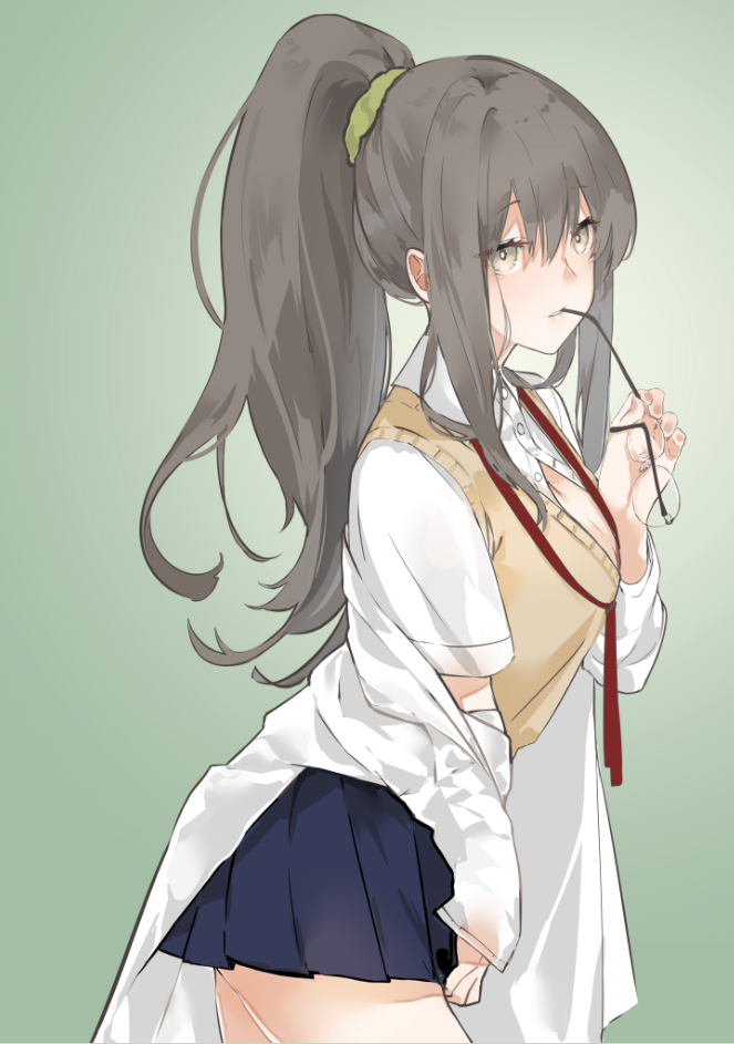 1girl, beige_vest, blue_skirt, blush, breasts, brown_hair, eyewear_in_mouth, futaba_rio, glasses, green_background, hair_ornament, hair_scrunchie, holding, holding_eyewear, labcoat, lips, long_hair, mouth_hold, neck_ribbon, nello_(luminous_darkness), pleated_skirt, ponytail, ribbon, scrunchie, seishun_buta_yarou, shirt, short_sleeves, simple_background, skirt, solo, vest, white_shirt, yellow_eyes