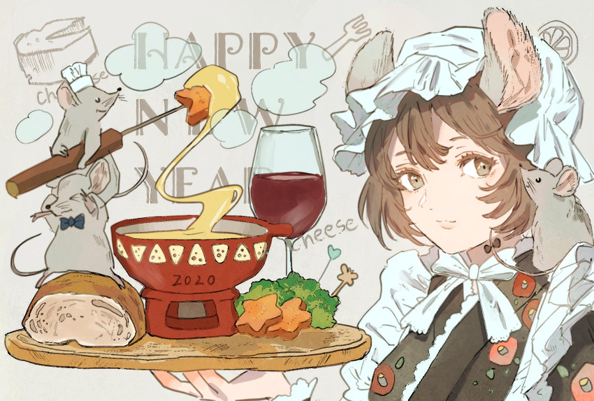 1girl, 2020, alcohol, animal, animal_ears, animal_on_shoulder, black_bow, black_eyes