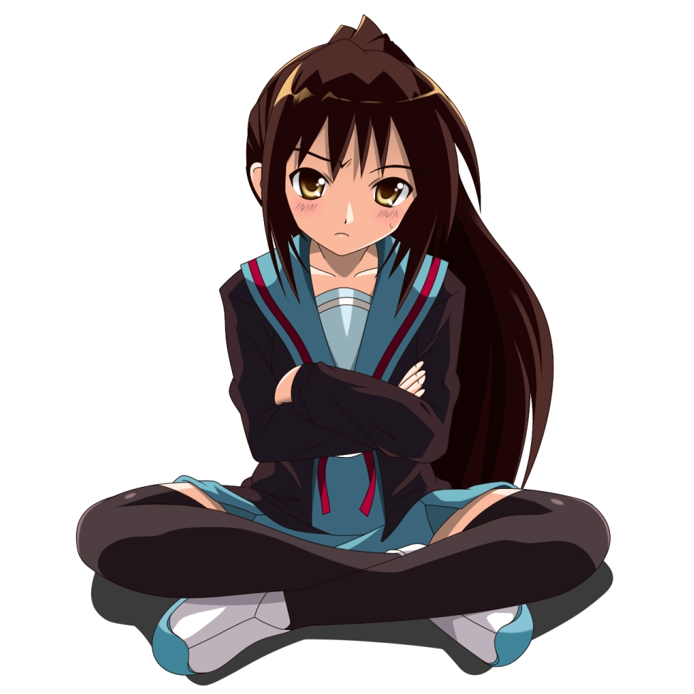 genderswap, kyonko, rindou_(awoshakushi), rindou_(pixiv19355), school_uniform, sitting, suzumiya_haruhi_no_yuuutsu, thigh-highs