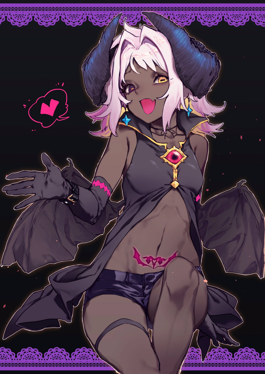 1girl, bare_shoulders, bat_wings, black_gloves, collarbone, dark_skin, earrings, elbow_gloves, fang, gloves, goat_eyes, heart, heterochromia, highres, horns, invisible_chair, jewelry, medium_hair, multicolored, multicolored_hair, navel, open_mouth, orange_eyes, original, pink_hair, reiga_(act000), short_shorts, shorts, sitting, smile, solo, speech_bubble, stomach_tattoo, tattoo, white_hair, wings