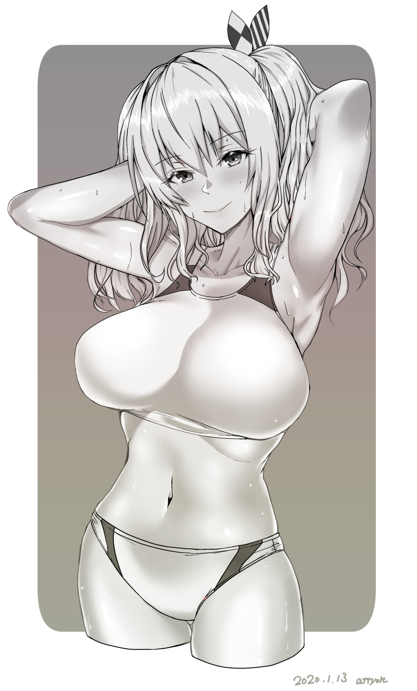 1girl, absurdres, alternate_costume, arm_behind_head, breasts, collarbone, commentary_request, cowboy_shot