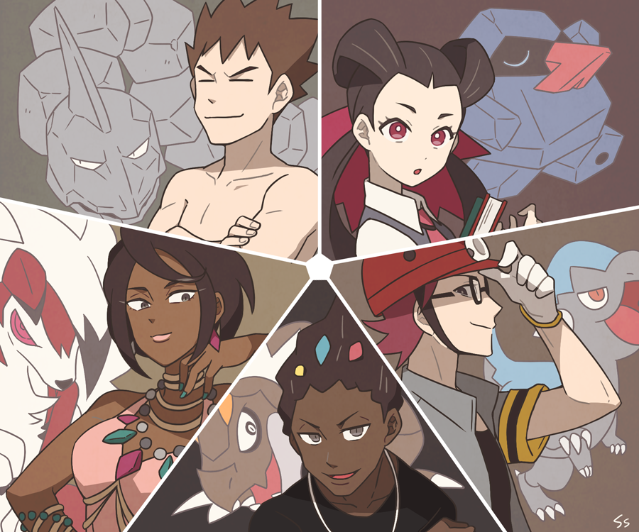 2girls, 3boys, black_hair, book, breasts, bright_pupils, brock_(pokemon), brown_eyes
