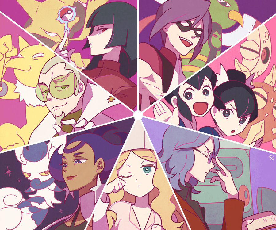 4boys, 4girls, :d, :o, alakazam, black_hair, blonde_hair, book