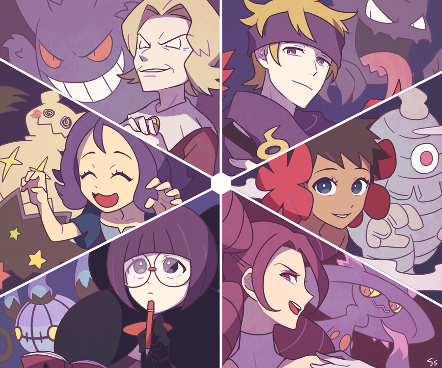 1boy, 5girls, :d, ^_^, acerola_(pokemon), agatha_(pokemon), blue_eyes, bob_cut